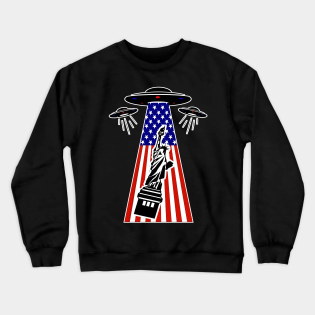 Alien abduction Statue of Liberty, USA Flag Crewneck Sweatshirt by Redmanrooster